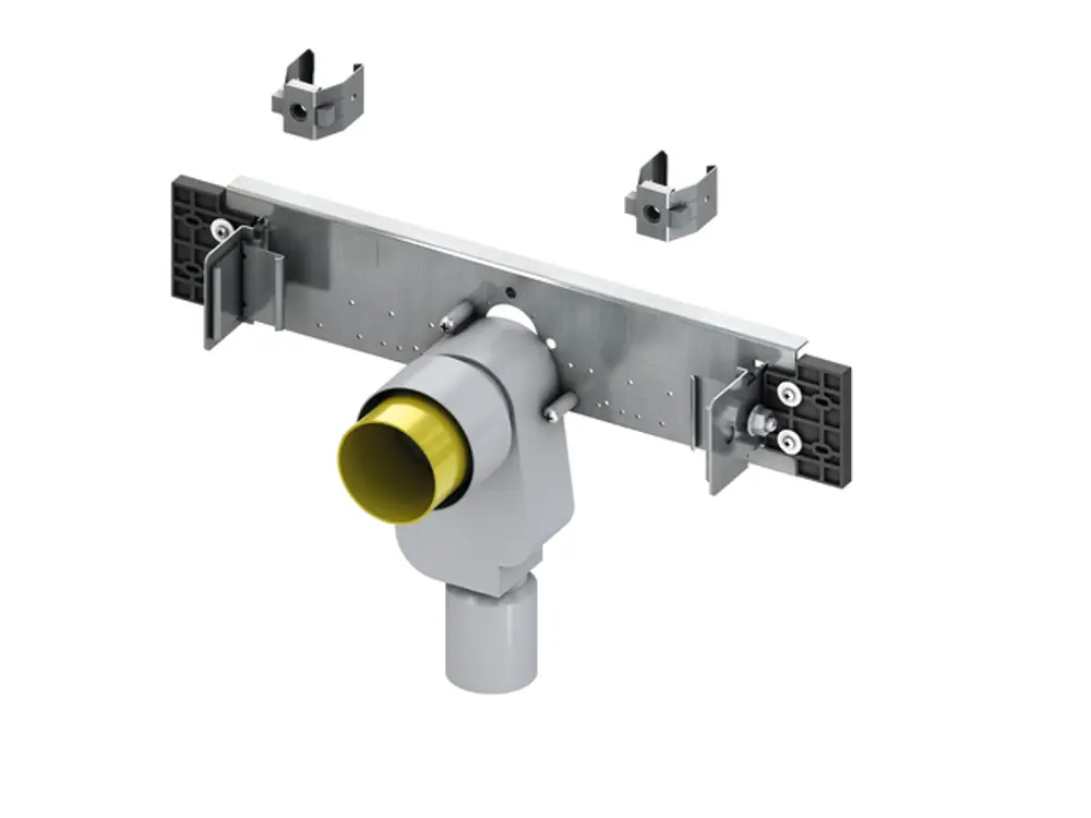 Waschbeckenanschlusseinheit von TECE mit Abflussrohr und Geruchsverschluss, montierbar an der Wand, bestehend aus einer Metallbasis und mehreren Befestigungselementen.